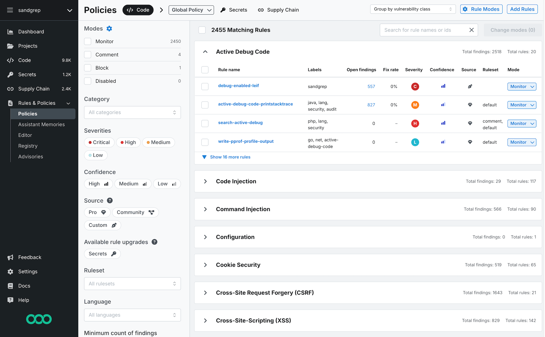 Default view of the Policies page