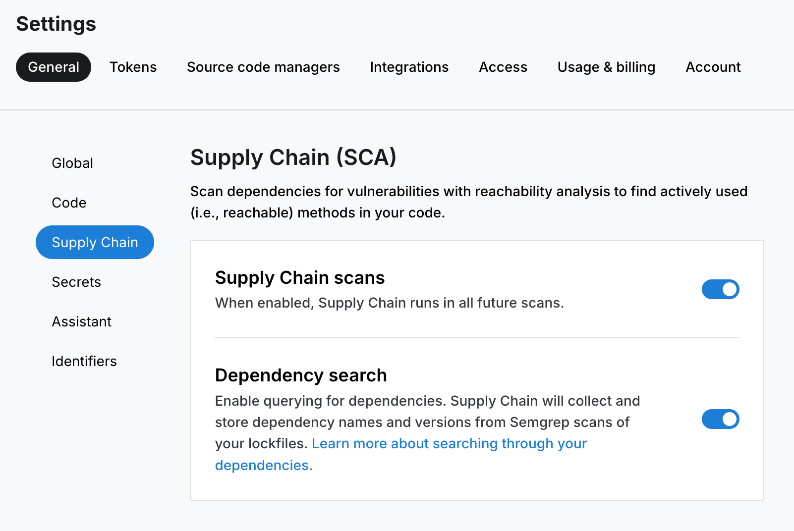 Semgrep Supply Chain Settings tab