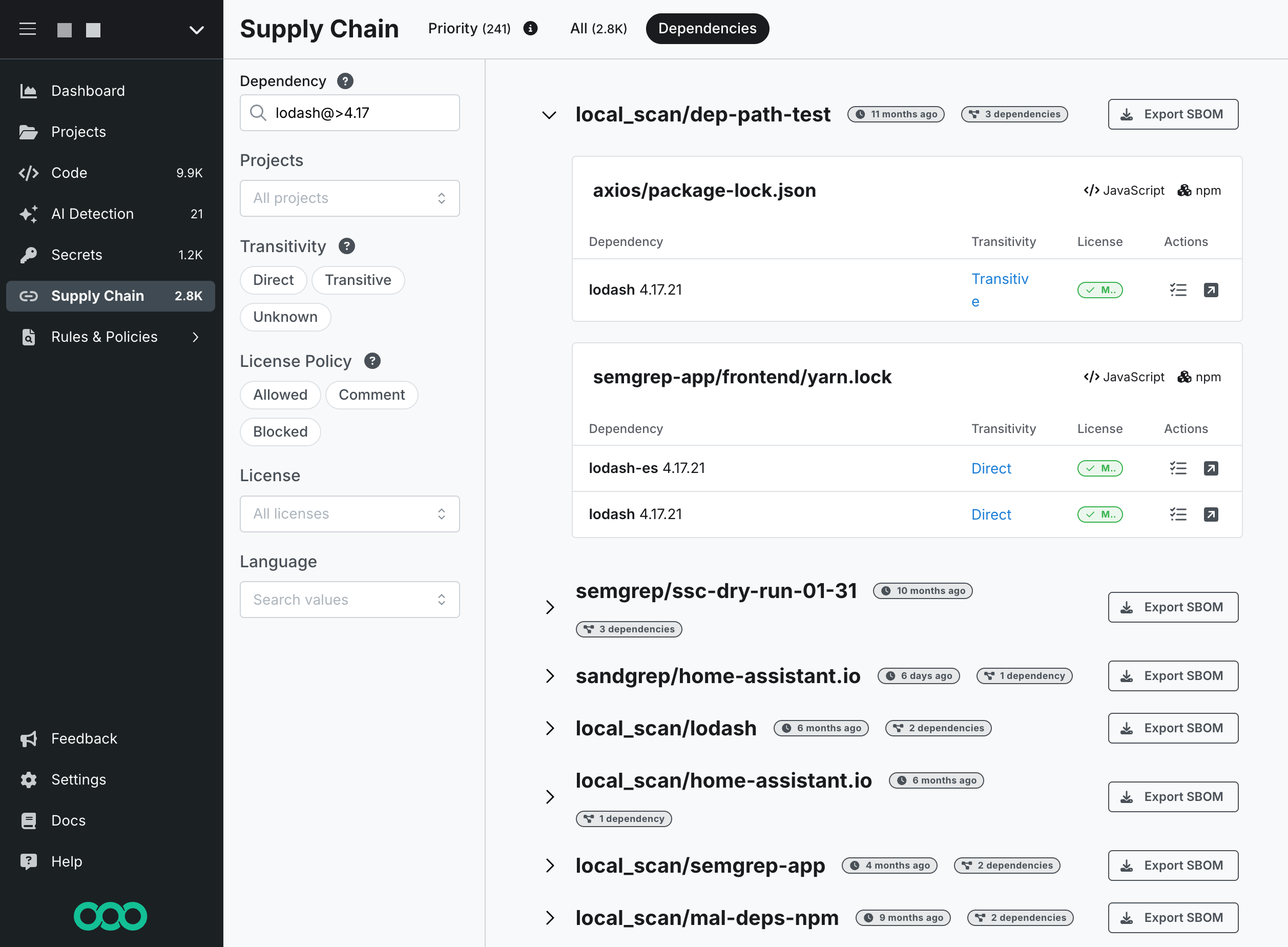 Sample dependency search for lodash4.17 or later.